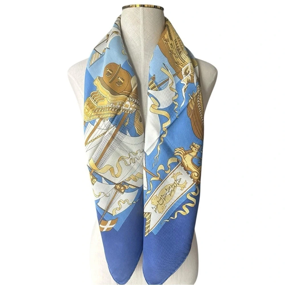 Hermès “Armada” Carre 90 Classic Blue & Gold Ships Nautical Silk Scarf w/Box